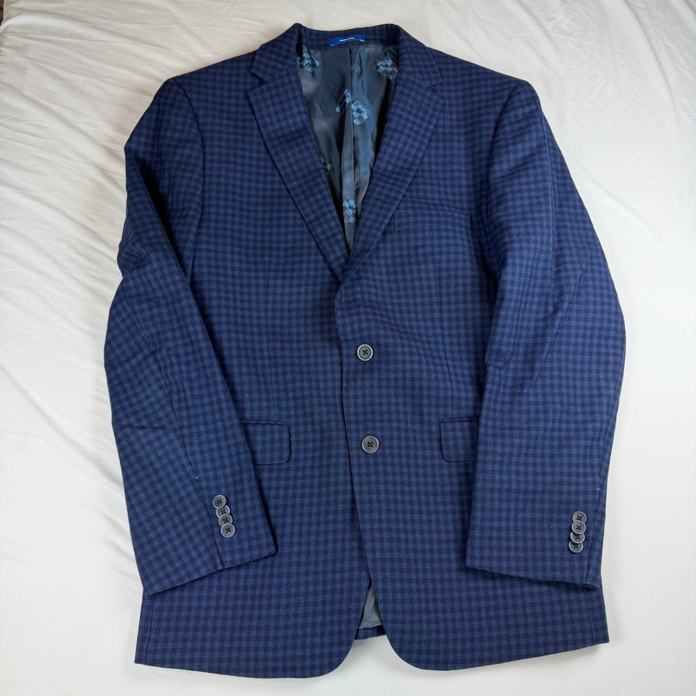 Vince Camuto Mens 42R Navy Blue Gingham 100% Wool Modern Fit Blazer Sport Coat
